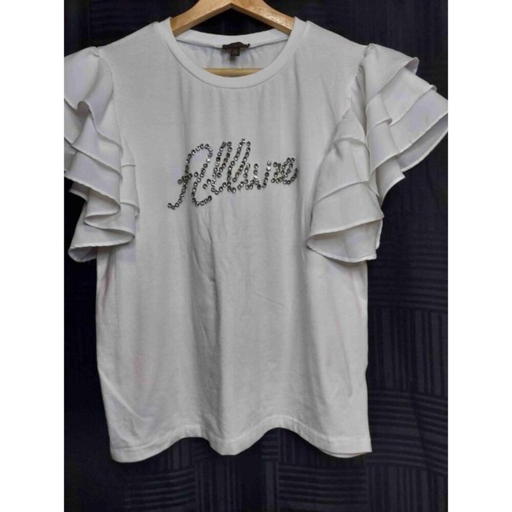 Ontwelfth White Ruffled Sleeves Rhinestone Embellishment T-Shirt Large - Picture 2 of 8